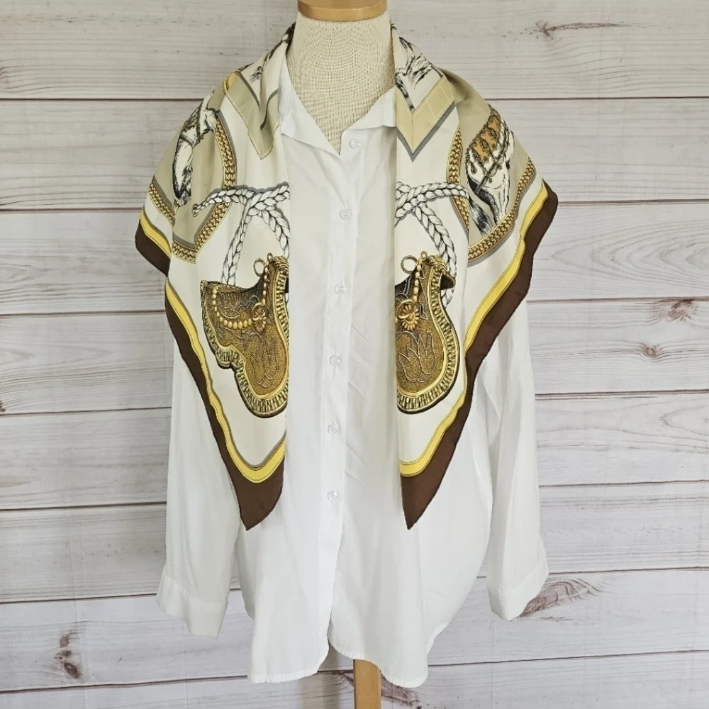 Hermès Paris Vintage Grand Apparat Silk Scarf 90 in Cream and Brown - Picture 16 of 16